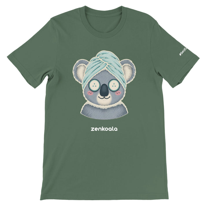 Koala Spa Day feel-good tee in military green — Zen Koala Australia