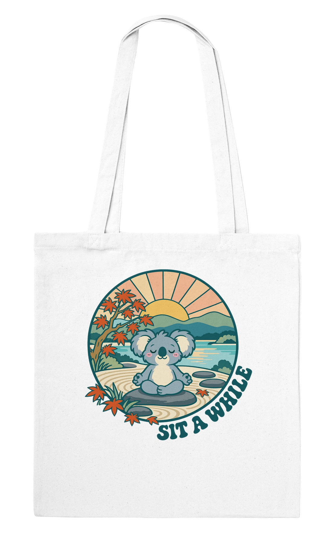 Sit a While feel-good tote bag in white, Zen Koala Australia