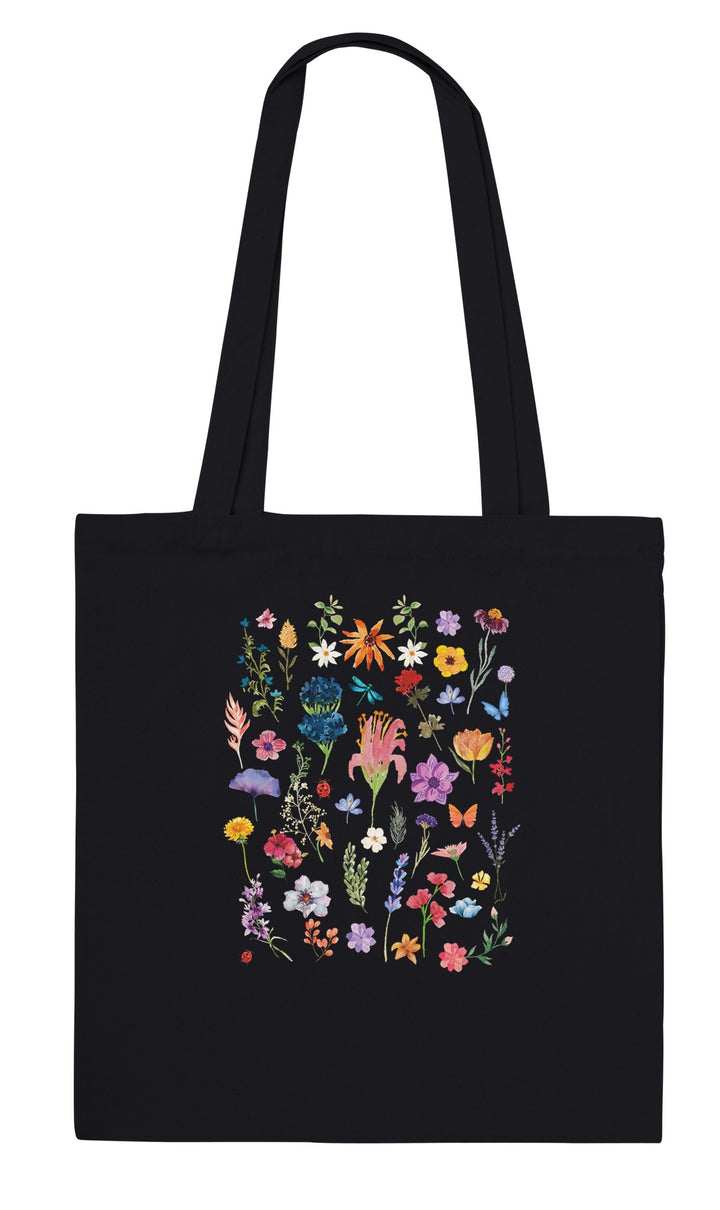 Stay Wild feel-good tote bag in black: wildflowers scattered every which way, Zen Koala Australia