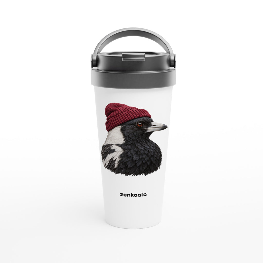 Magpie Beanie feel-good travel mug: a magpie in a beanie, Zen Koala Australia