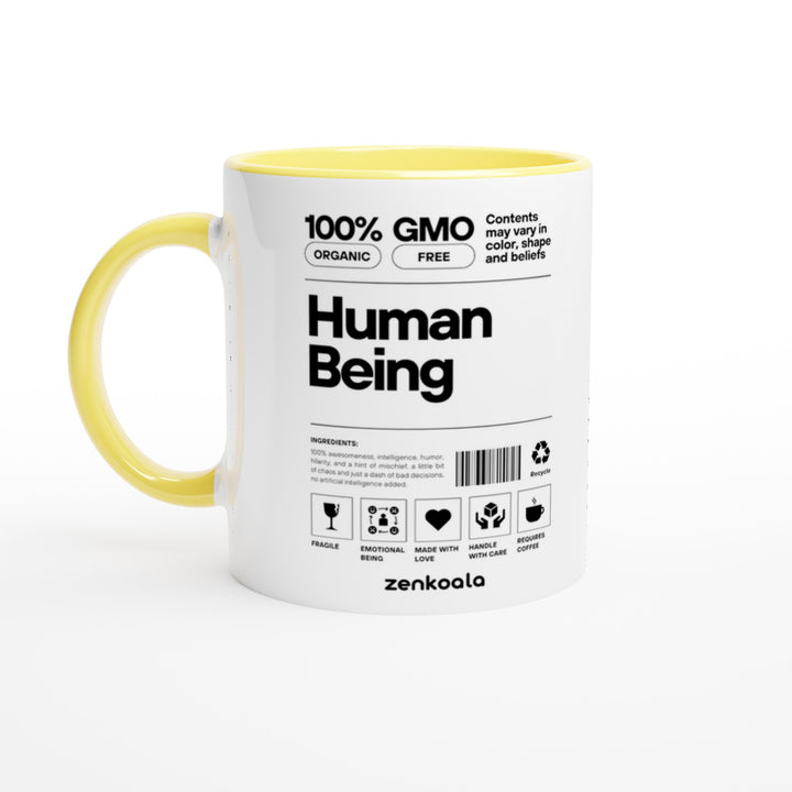 Human Being mug in yellow: white with a yellow rim, inside and handle, Zen Koala Australia