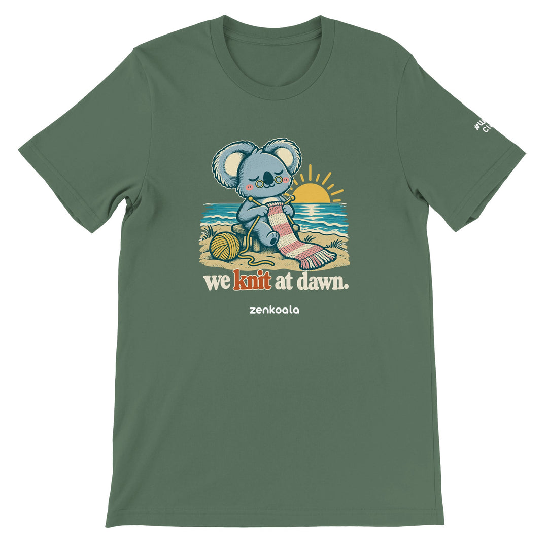 We Knit at Dawn feel-good tee in military green, Zen Koala Australia