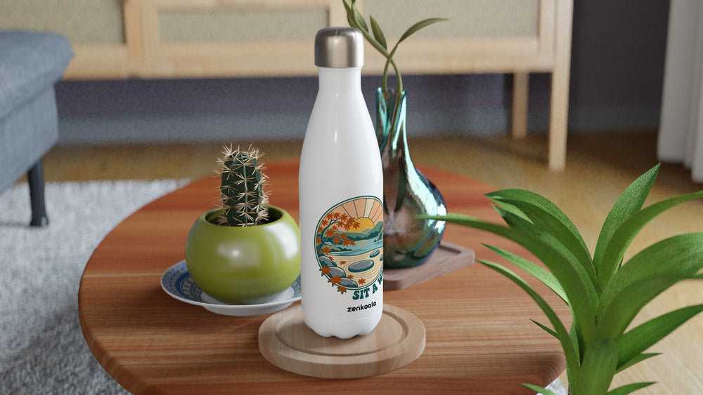 Zen Garden Sit a While water bottle on a wooden table with a cactus, Zen Koala Australia