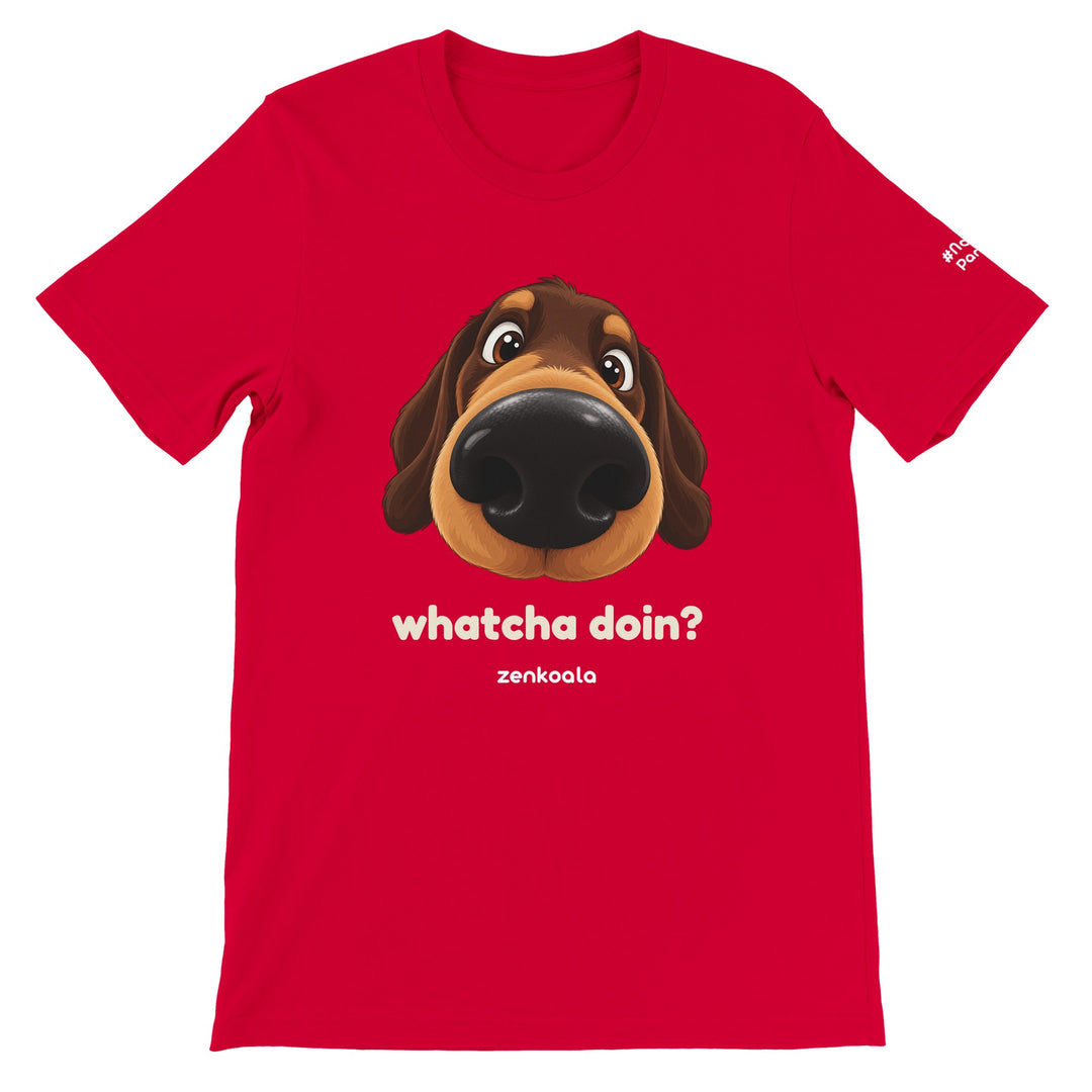 Whatcha Doin? feel-good tee in red, Zen Koala Australia