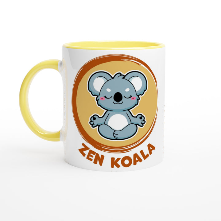 Zen Koala Official Logo - White 11oz with Yellow Handle and yellow rim interior ceramic mug