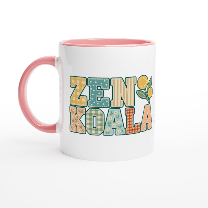 Zen Koala Faux Patchwork mug in pink: white with a pink rim, inside and handle, Zen Koala Australia