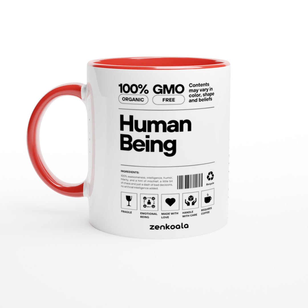 Human Being mug in red: white with a red rim, inside and handle, Zen Koala Australia