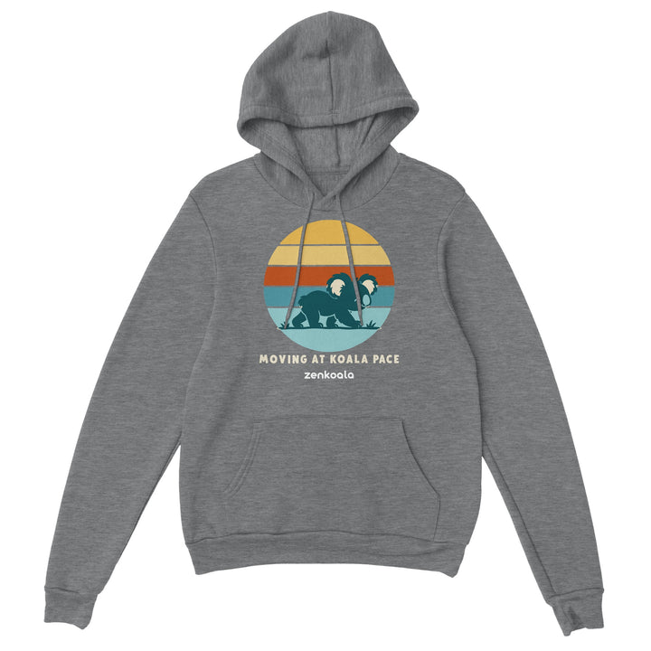 Moving at Koala Pace feel-good hoodie in sport grey: a koala strolling across a retro sunset, Zen Koala Australia