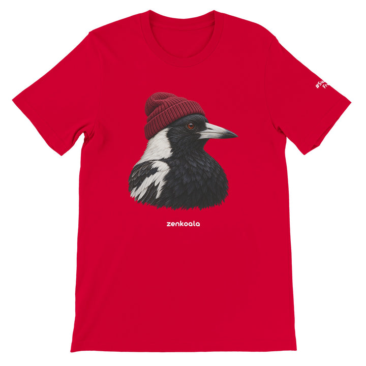 Magpie Beanie feel-good tee in red, Zen Koala Australia