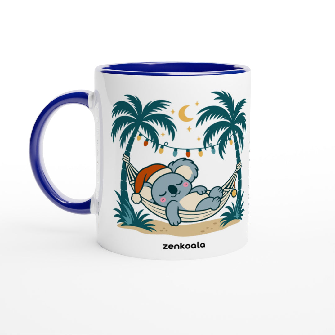 Koala Santa Hammock mug in blue: white with a blue rim, inside and handle, Zen Koala Australia