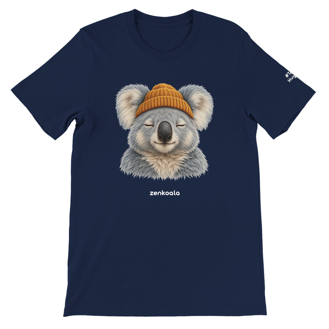 Koala Beanie feel-good tee in navy: a koala in a beanie, Zen Koala Australia