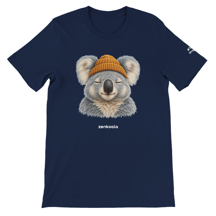 Koala Beanie feel-good tee in navy: a koala in a beanie, Zen Koala Australia