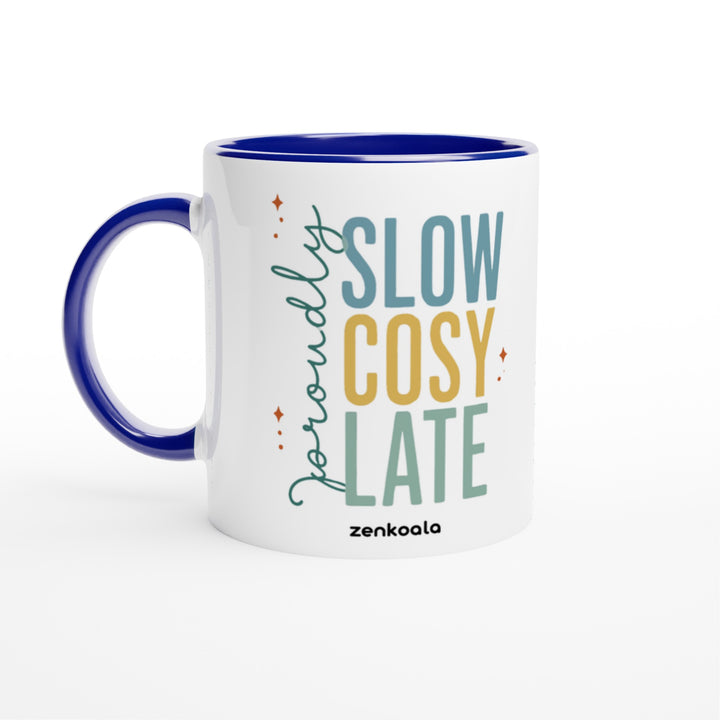 Proudly Slow Cosy Late mug in blue: white with a blue rim, inside and handle, Zen Koala Australia