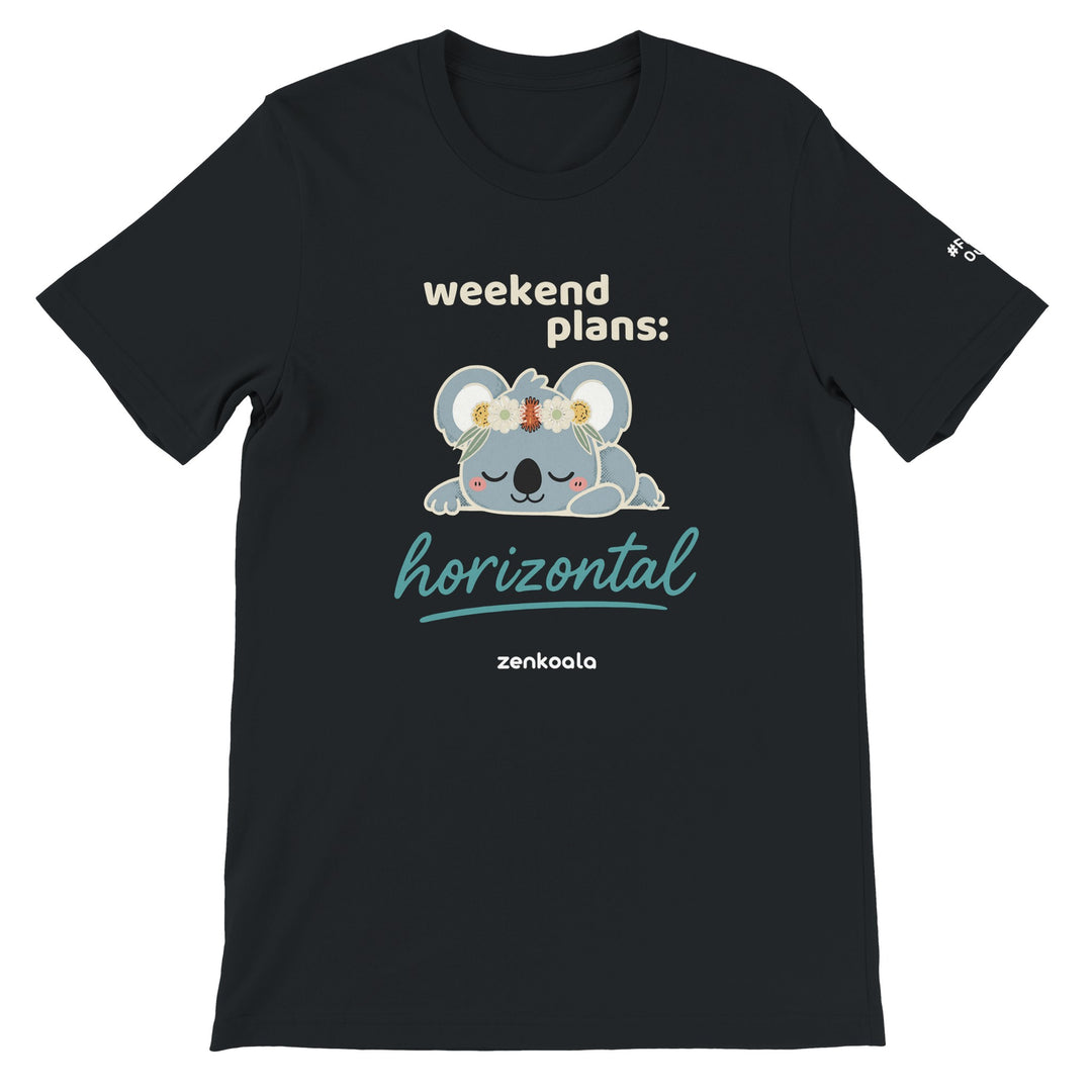 Weekend Plans Horizontal Koala feel-good tee in black: a sleepy koala in a wildflower crown, Zen Koala Australia
