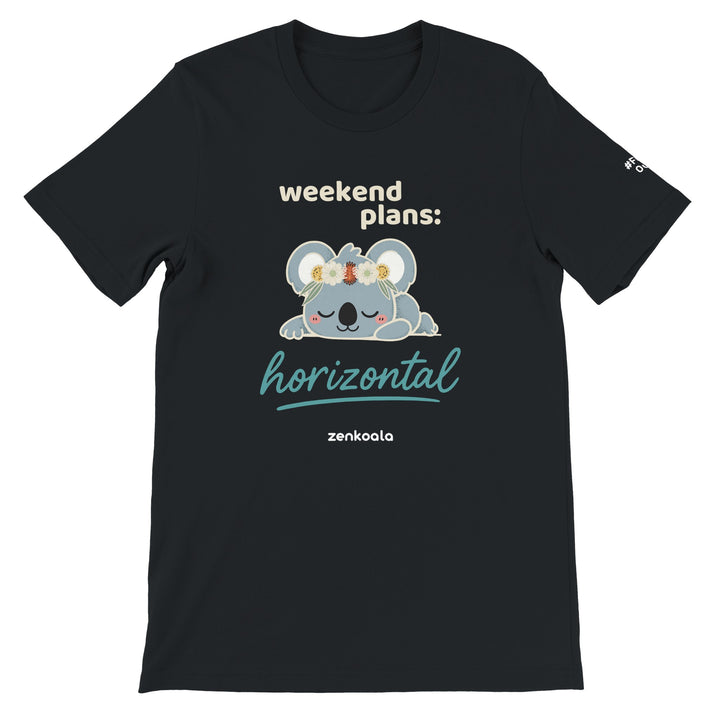 Weekend Plans Horizontal Koala feel-good tee in black: a sleepy koala in a wildflower crown, Zen Koala Australia