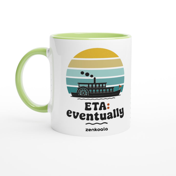 ETA Eventually mug in green: white with a green rim, inside and handle, Zen Koala Australia