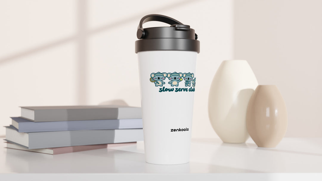 Slow Serve Club travel mug beside books and vases, Zen Koala Australia