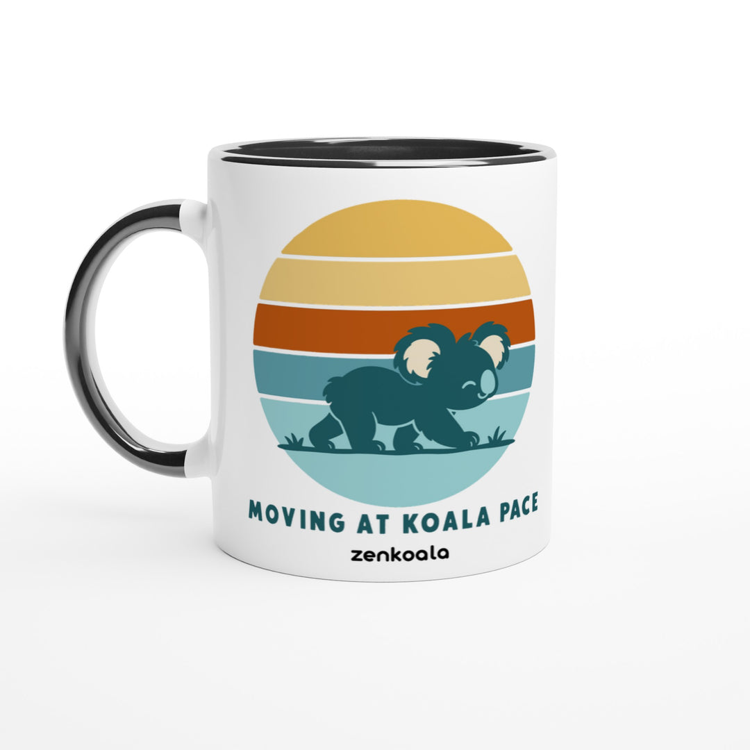 Moving at Koala Pace mug in black: white with a black rim, inside and handle, Zen Koala Australia