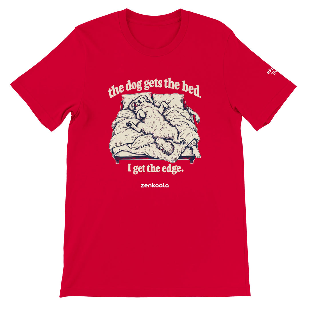 The Dog Gets the Bed feel-good tee in red, Zen Koala Australia