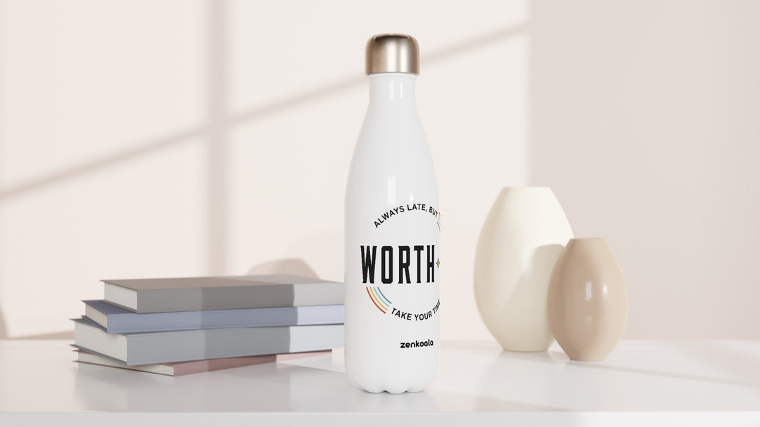 Always Late But Worth It water bottle beside books and vases, Zen Koala Australia