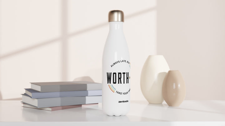 Always Late But Worth It water bottle beside books and vases, Zen Koala Australia