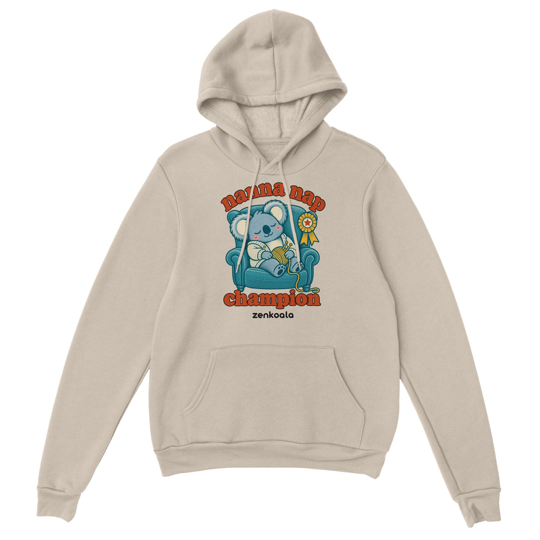 Nanna Nap Champion feel-good hoodie in sand, Zen Koala Australia