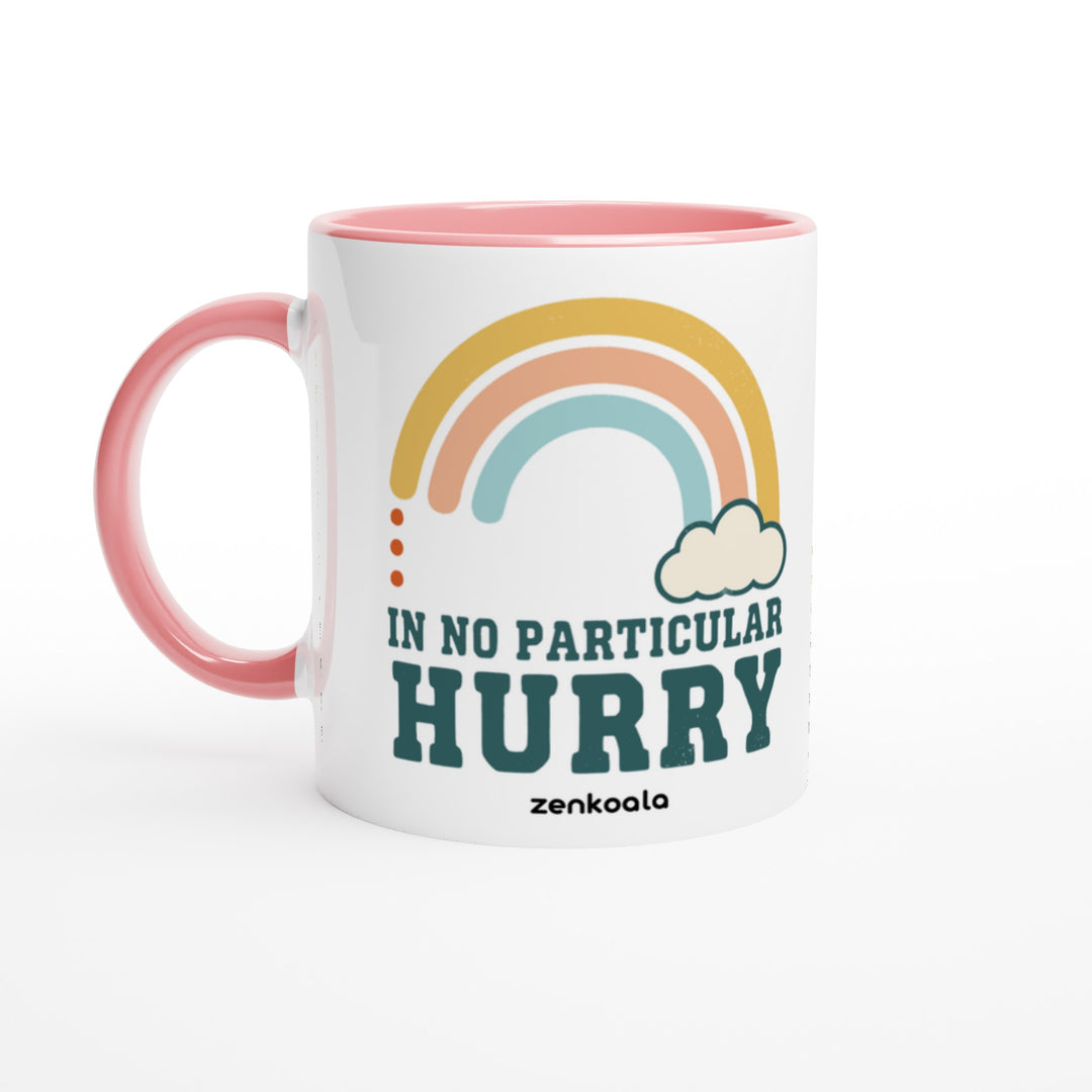 In No Particular Hurry mug in pink: white with a pink rim, inside and handle, Zen Koala Australia