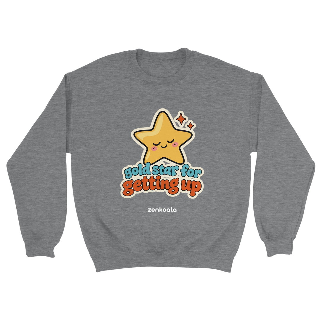 Gold Star for Getting Up feel-good sweatshirt in sport grey: a sleepy gold star sticker, Zen Koala Australia