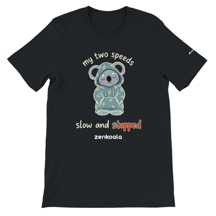 My Two Speeds Slow and Stopped feel-good tee in black — a sleepy koala in a cosy leaf-print hoodie, Zen Koala Australia