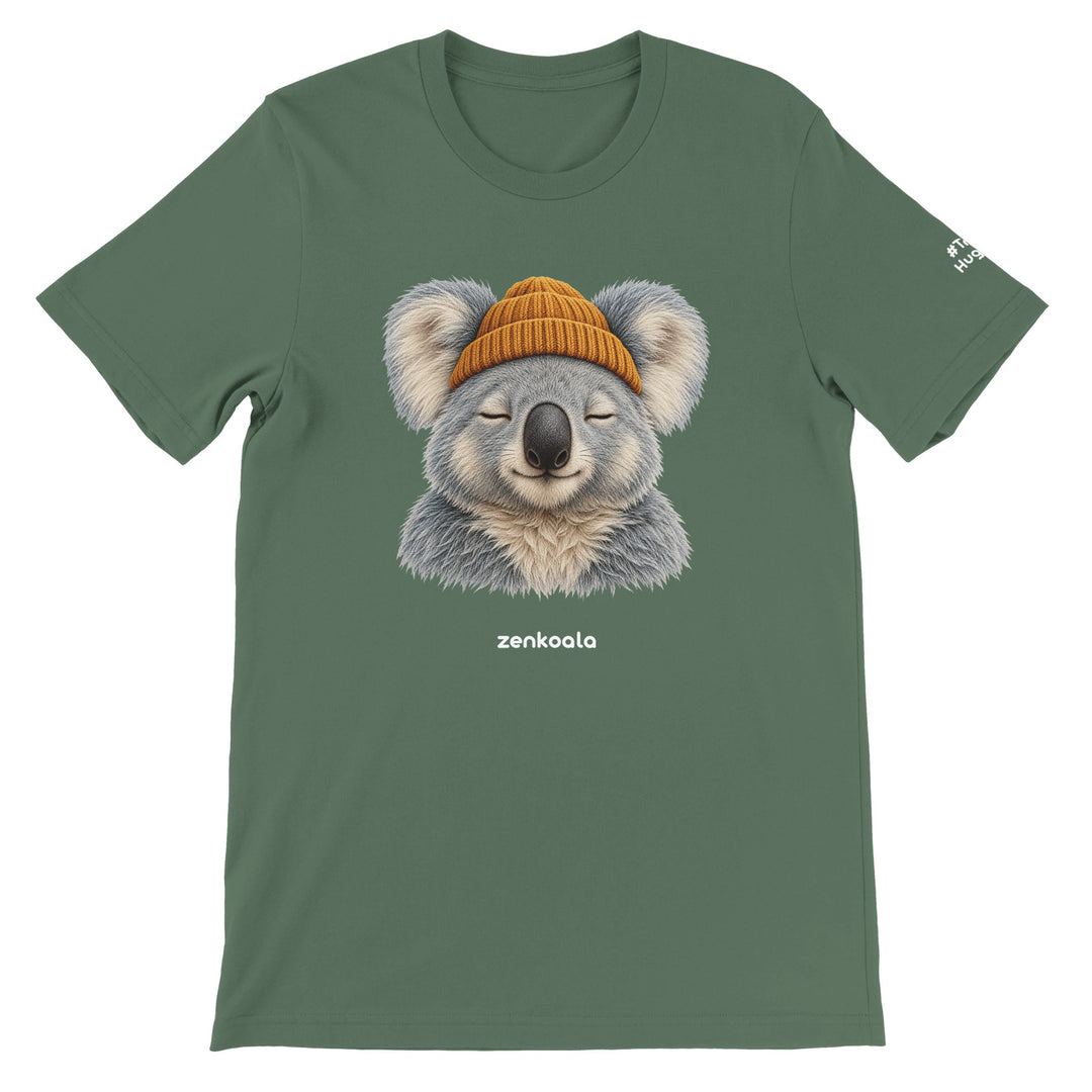 Koala Beanie feel-good tee in military green, Zen Koala Australia