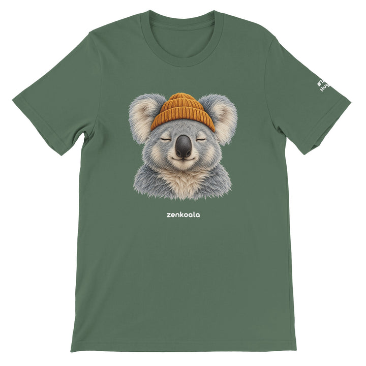 Koala Beanie feel-good tee in military green, Zen Koala Australia
