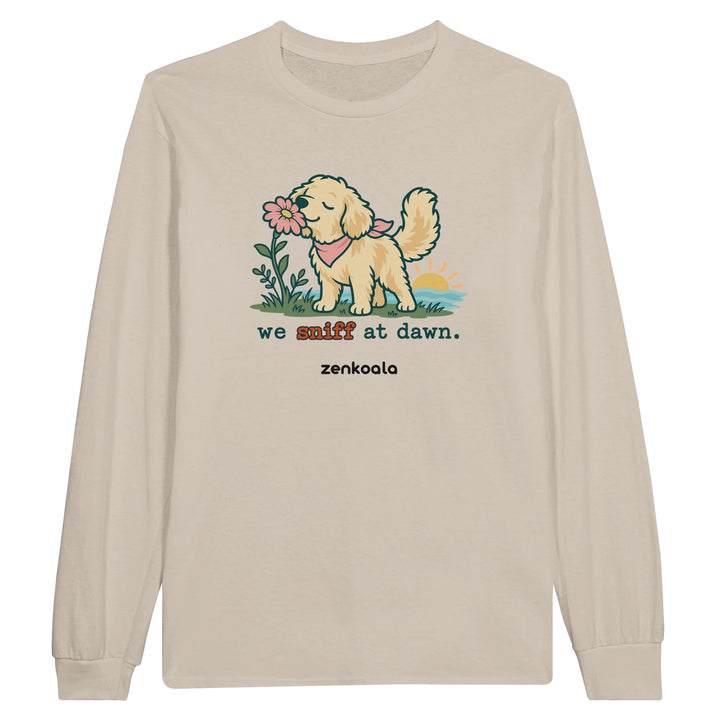 We Sniff at Dawn feel-good long sleeve tee in sand, Zen Koala Australia
