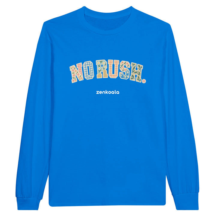 No Rush Faux Patchwork feel-good long sleeve tee in royal, Zen Koala Australia