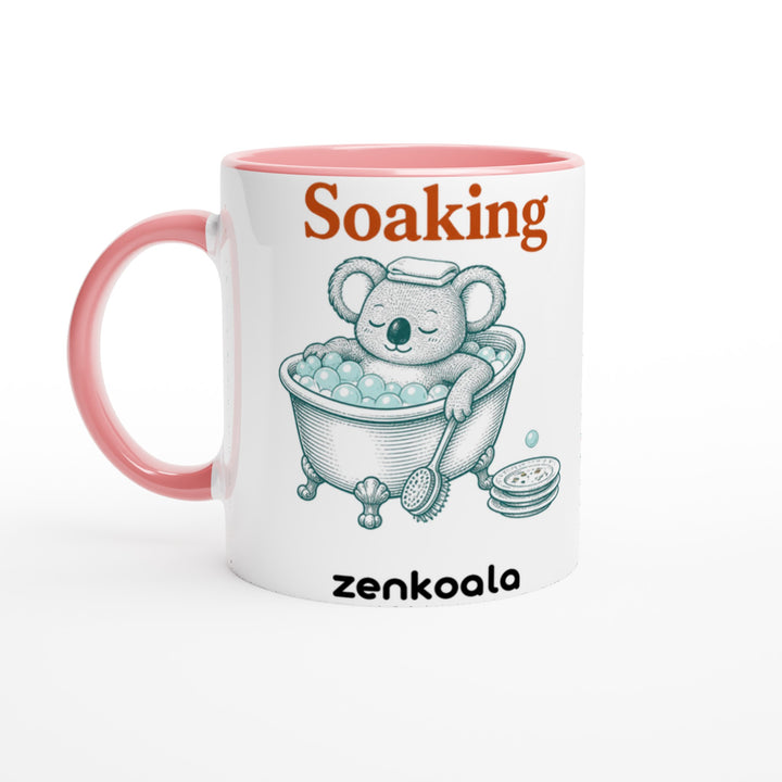 Soaking Koala Bath mug in pink: white with a pink rim, inside and handle, Zen Koala Australia
