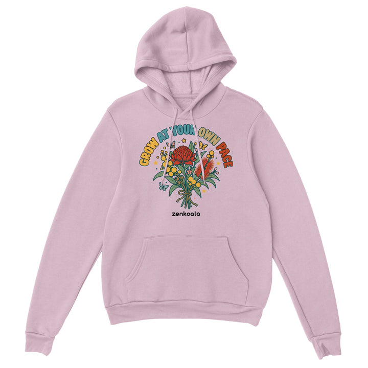 Grow at Your Own Pace feel-good hoodie in light pink, Zen Koala Australia