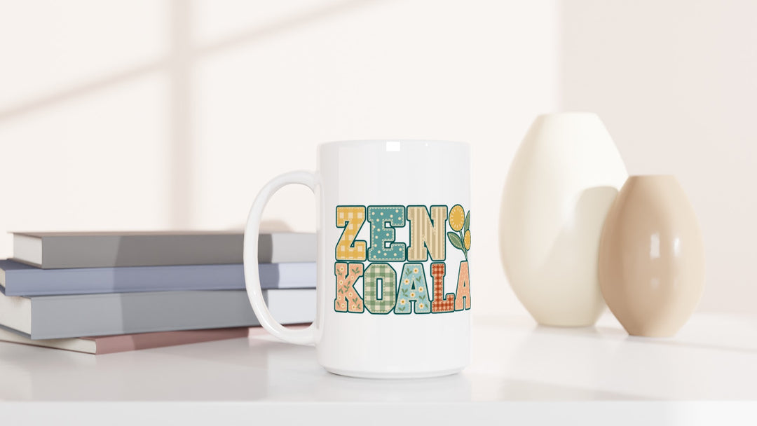 Zen Koala Faux Patchwork 15oz mug beside books and vases, Zen Koala Australia
