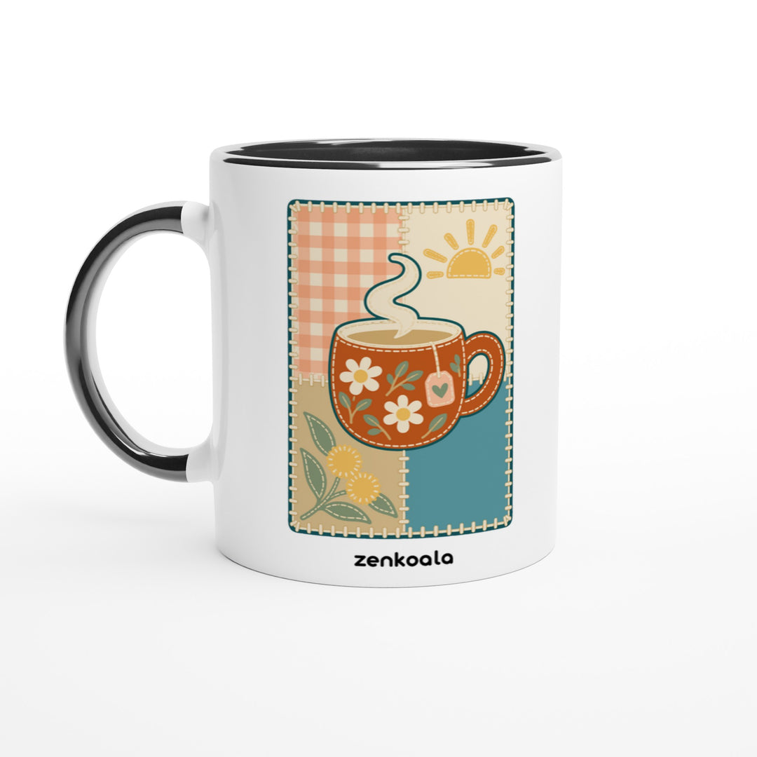 Cuppa Quilt mug in black: white with a black rim, inside and handle, Zen Koala Australia