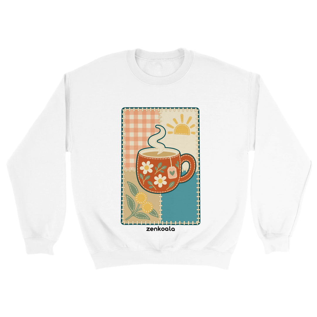 Cuppa Quilt feel-good sweatshirt in white, Zen Koala Australia