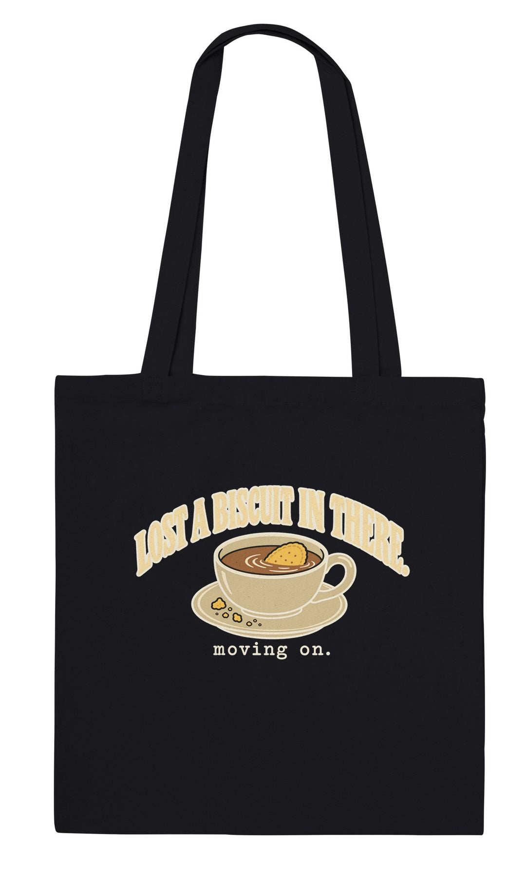 Lost a Biscuit in There feel-good tote bag in black: a biscuit sinking in a cuppa, Zen Koala Australia