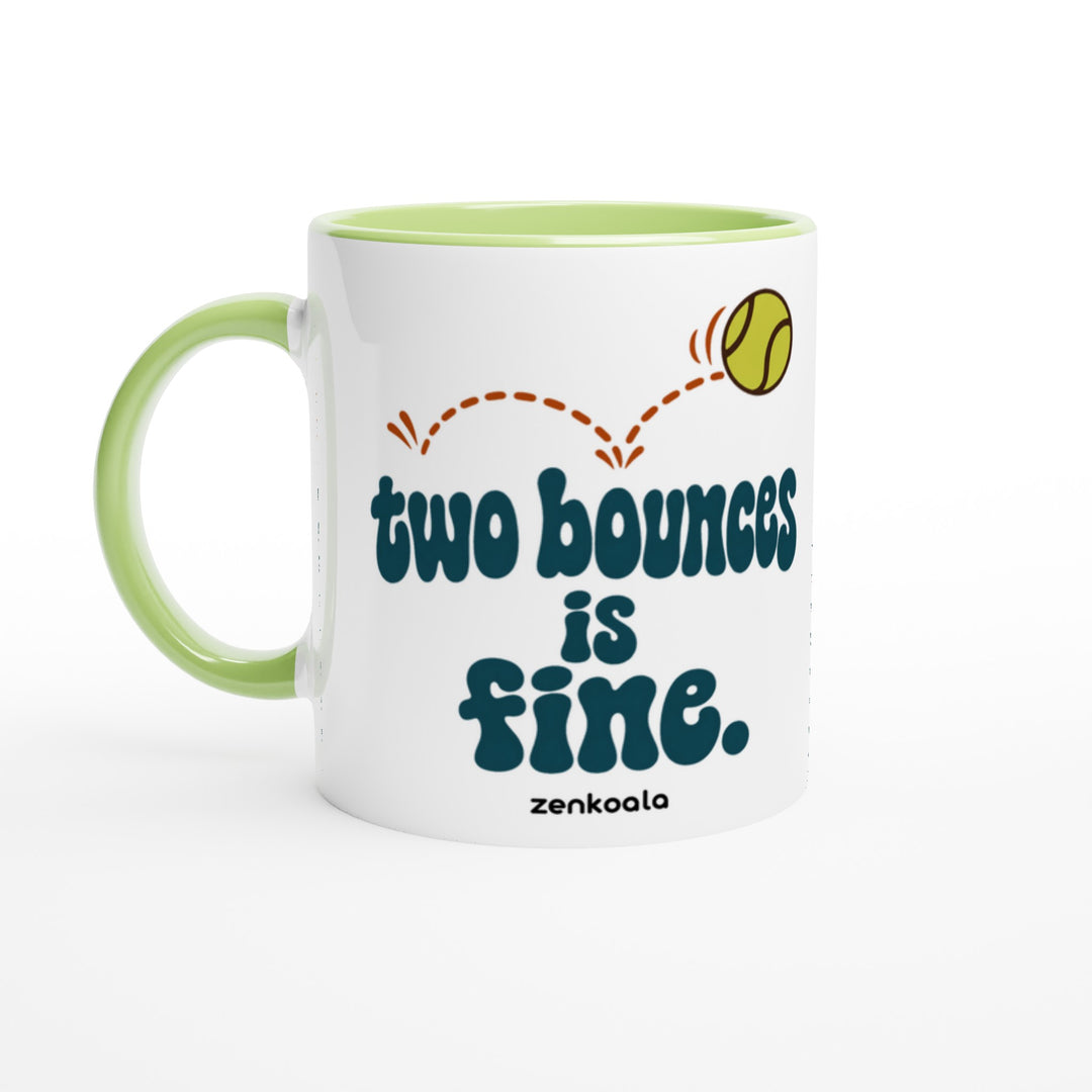 Two Bounces Is Fine mug in green: white with a green rim, inside and handle, Zen Koala Australia