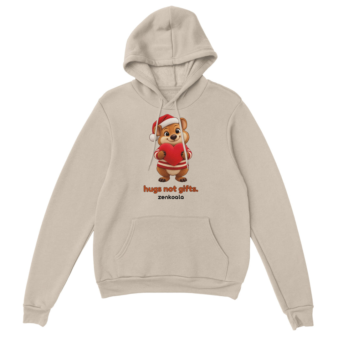 Hugs Not Gifts feel-good hoodie in sand, Zen Koala Australia