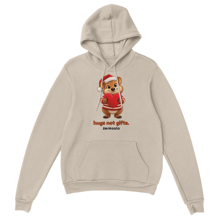 Hugs Not Gifts feel-good hoodie in sand, Zen Koala Australia