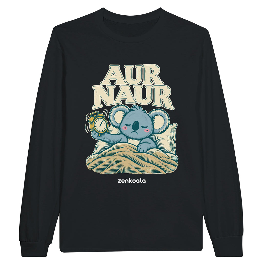 Aur Naur feel-good long sleeve tee in black: a betrayed koala holding a ringing alarm clock, Zen Koala Australia