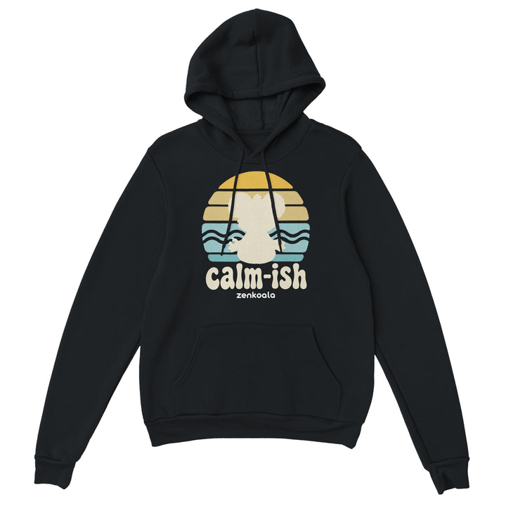 Calm-ish Retro Sunset Koala feel-good hoodie in black: a meditating koala silhouette and a retro sunset, Zen Koala Australia