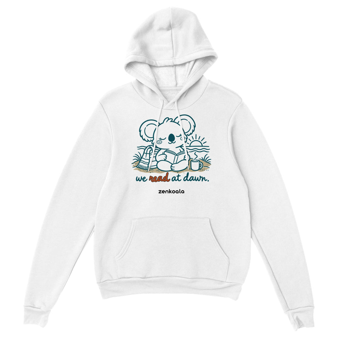We Read at Dawn feel-good hoodie in white, Zen Koala Australia