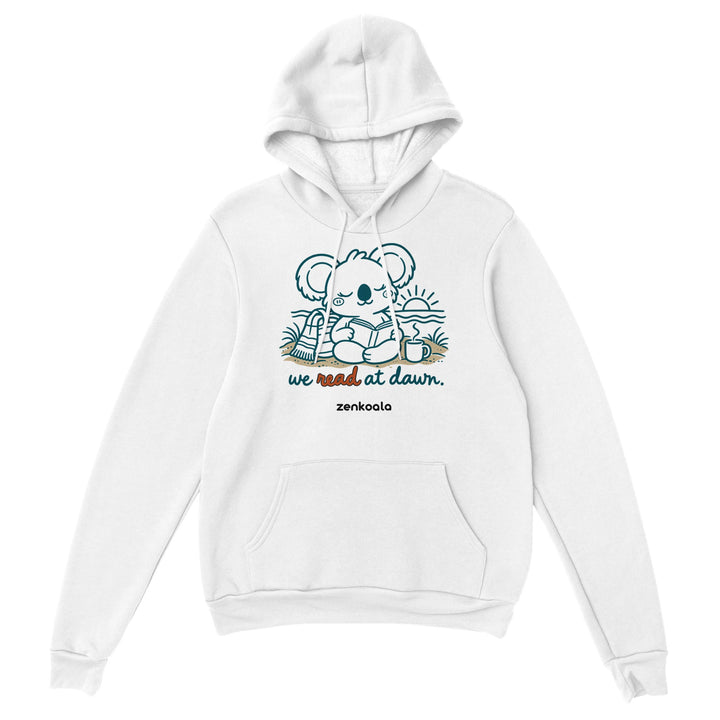 We Read at Dawn feel-good hoodie in white, Zen Koala Australia