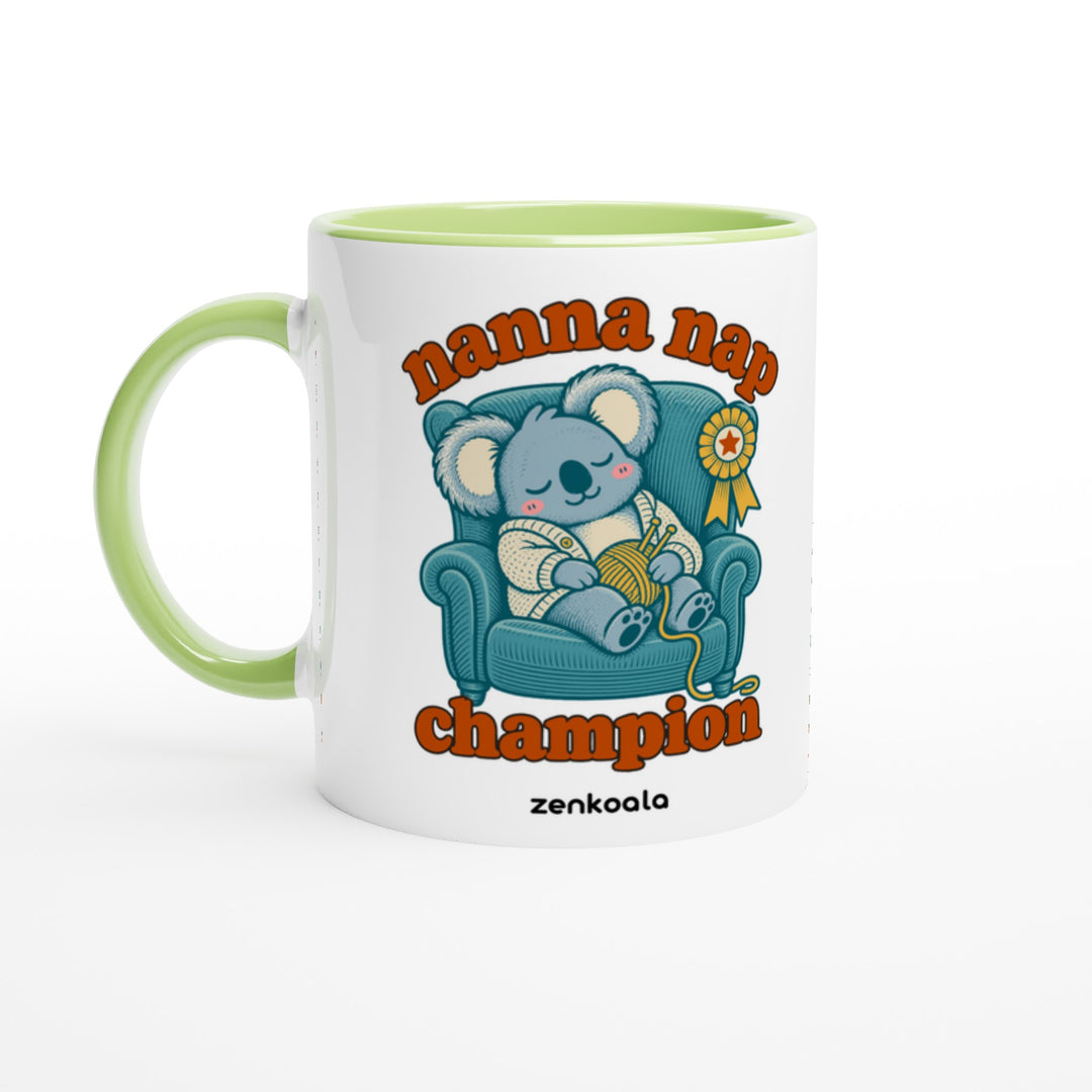 Nanna Nap Champion mug in green: white with a green rim, inside and handle, Zen Koala Australia
