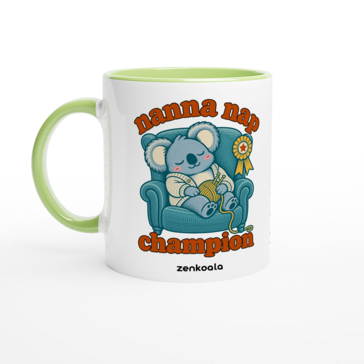 Nanna Nap Champion mug in green: white with a green rim, inside and handle, Zen Koala Australia