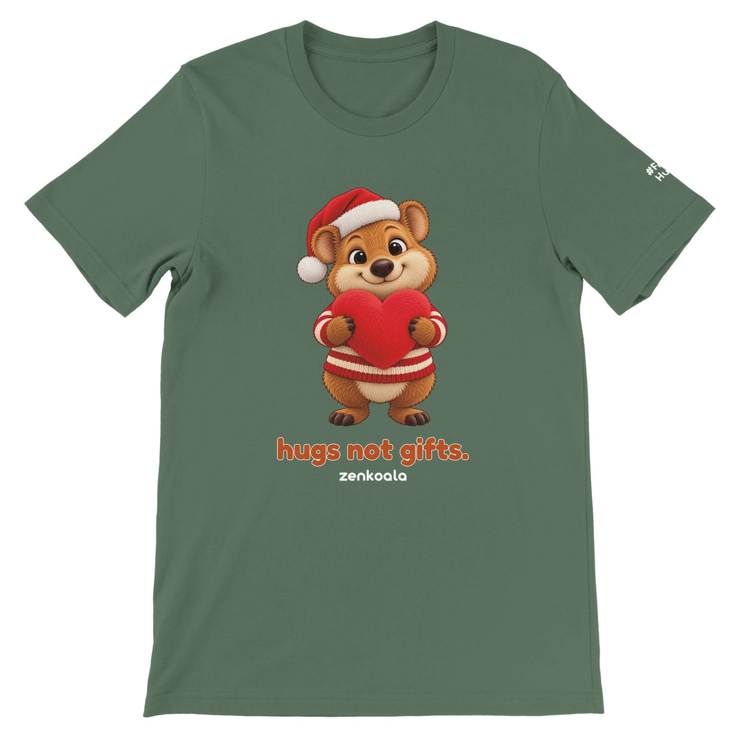 Hugs Not Gifts feel-good tee in military green, Zen Koala Australia