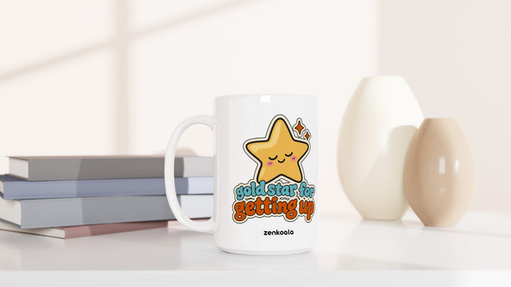 Gold Star for Getting Up 15oz mug beside books and vases, Zen Koala Australia